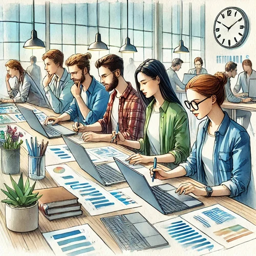 People working with laptop and a clock behind them