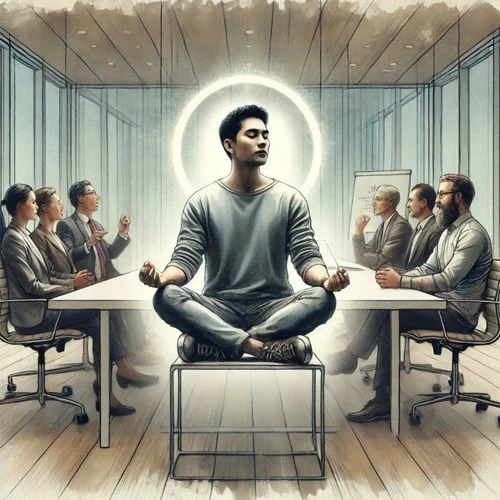 Person meditating in a meeting room