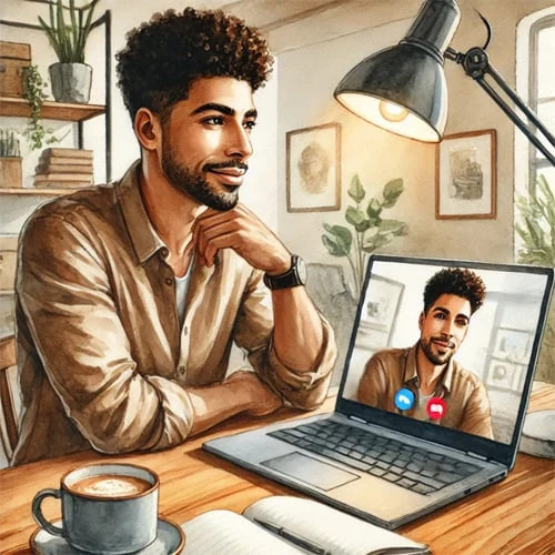 Person looking at his recording on a laptop